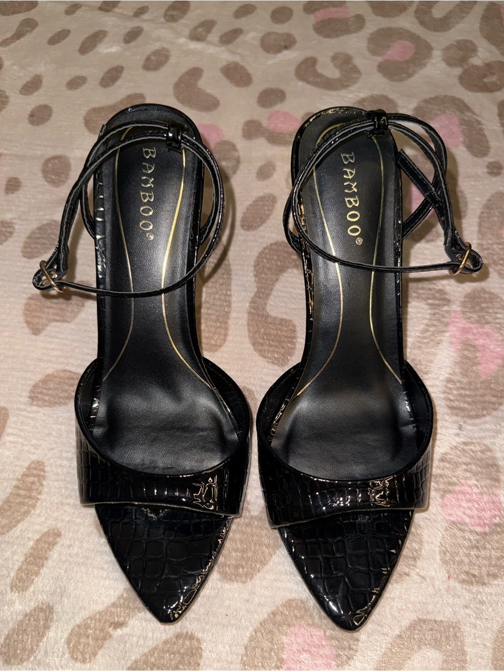 Bamboo Smoke Black Croc Pointed Open Toe Heels Size 10 Preowned